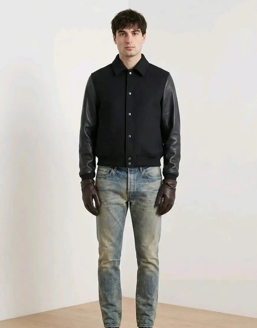 Black Leather Varsity Jacket for Men