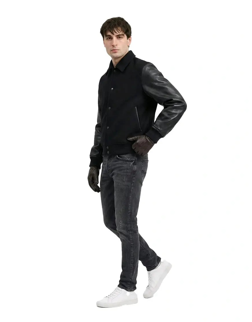 Black Leather Varsity Jacket for Men