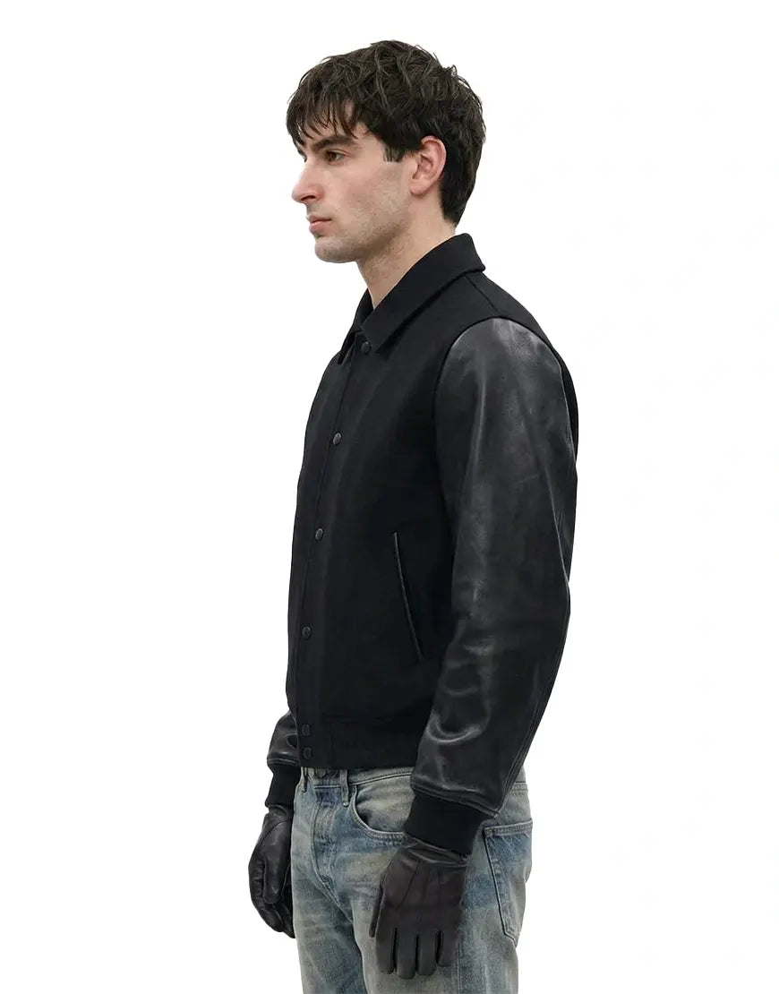 Black Leather Varsity Jacket for Men