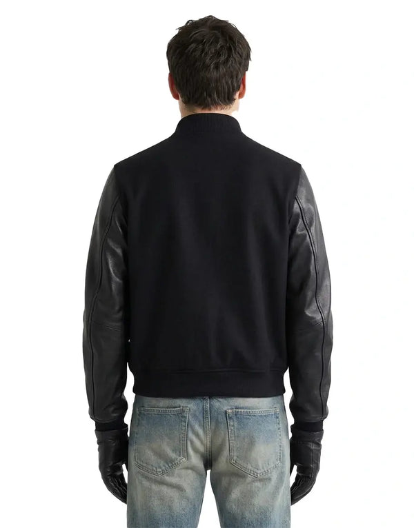 Black Leather Varsity Jacket for Men
