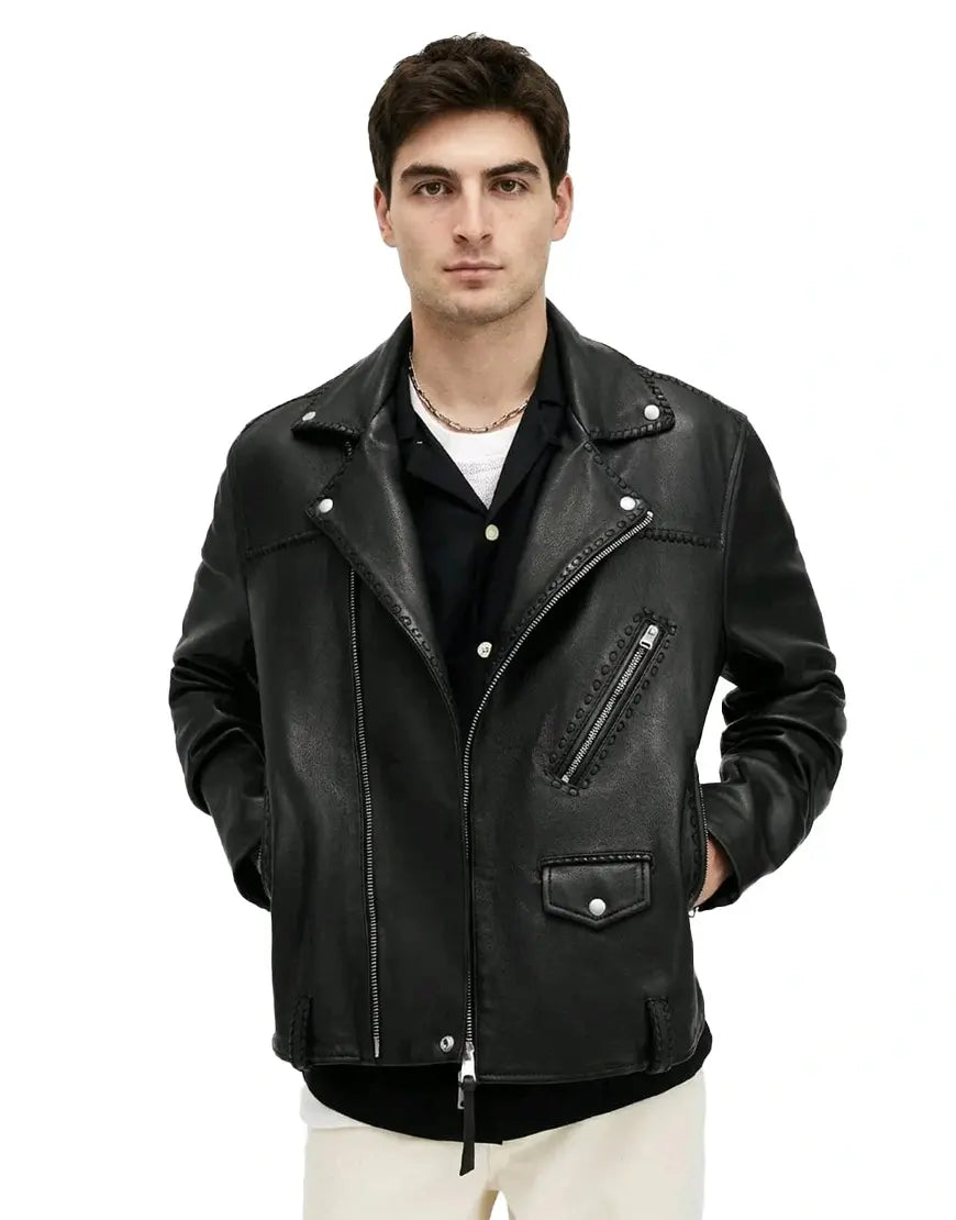 Warner Relaxed Fit Whipstitch Leather Biker Jacket