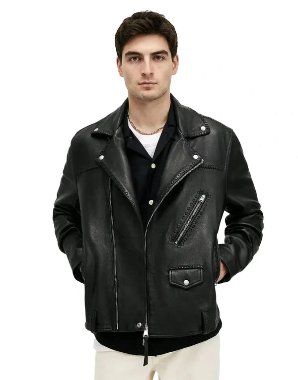Warner Relaxed Fit Whipstitch Leather Biker Jacket
