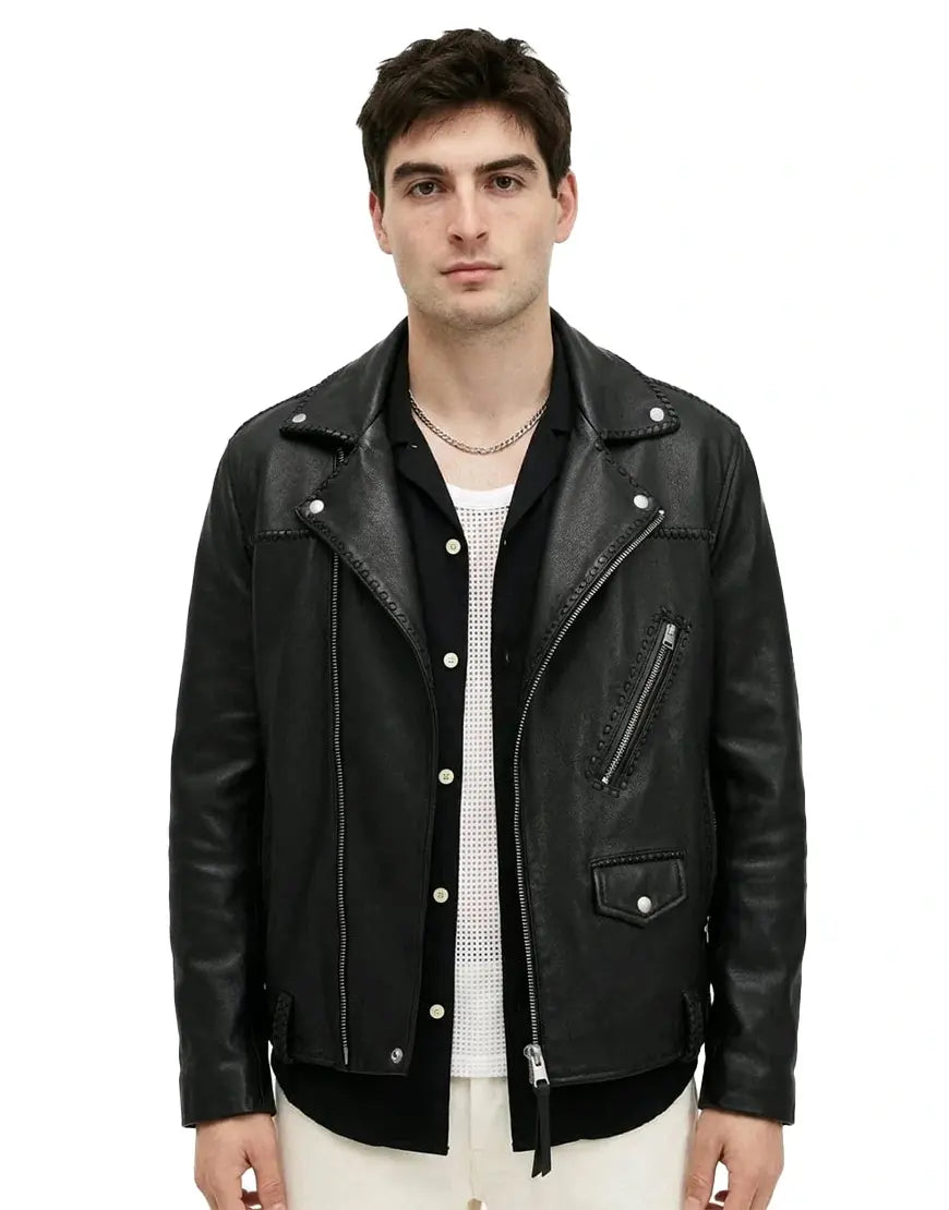 Warner Relaxed Fit Whipstitch Leather Biker Jacket
