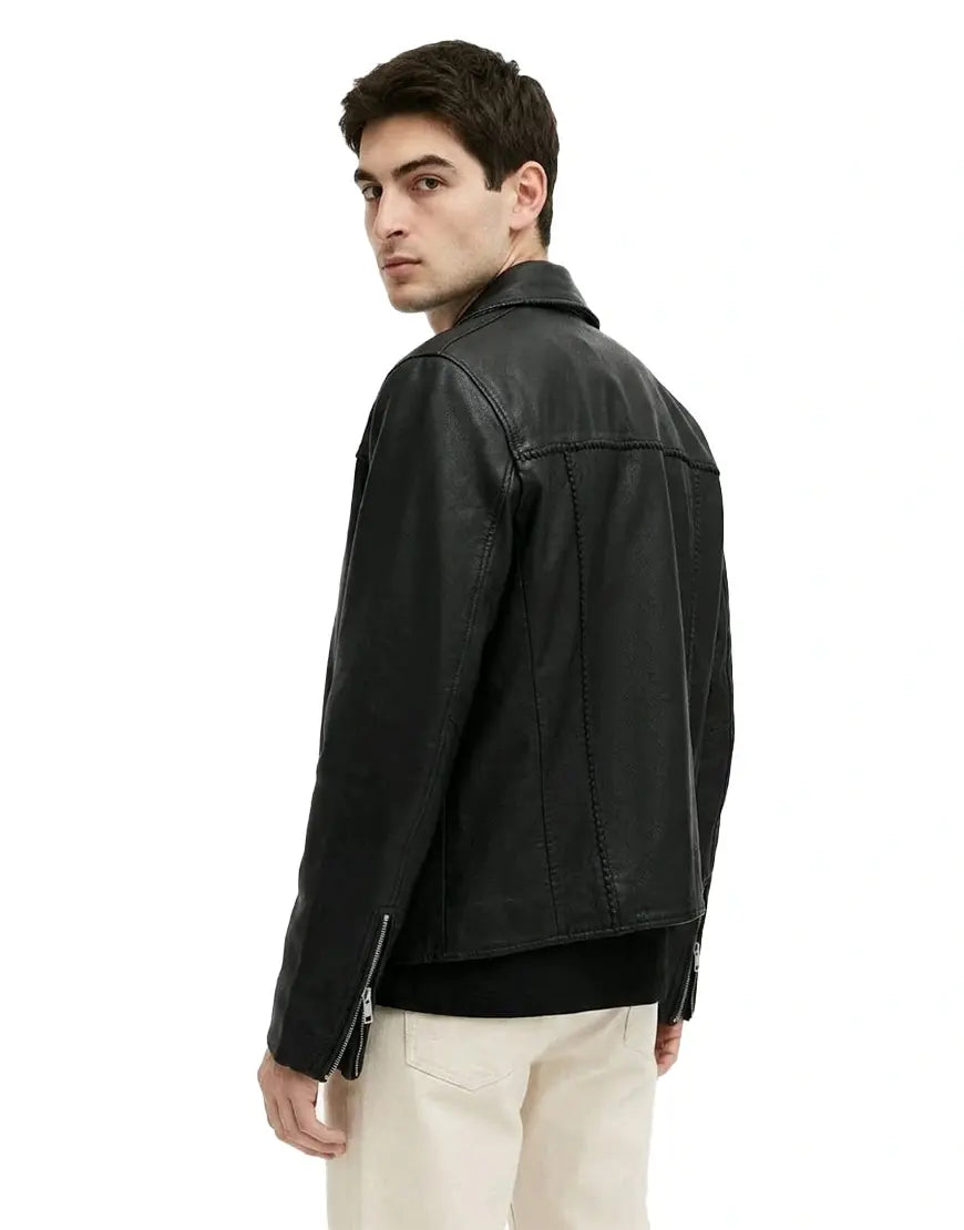 Warner Relaxed Fit Whipstitch Leather Biker Jacket