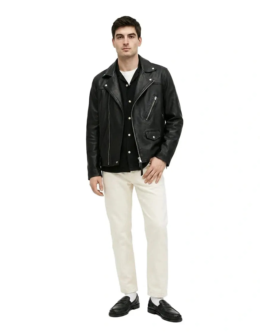 Warner Relaxed Fit Whipstitch Leather Biker Jacket