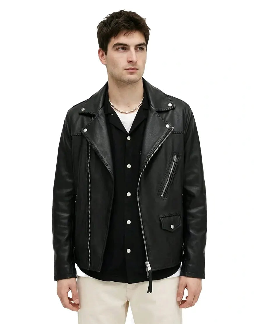 Warner Relaxed Fit Whipstitch Leather Biker Jacket
