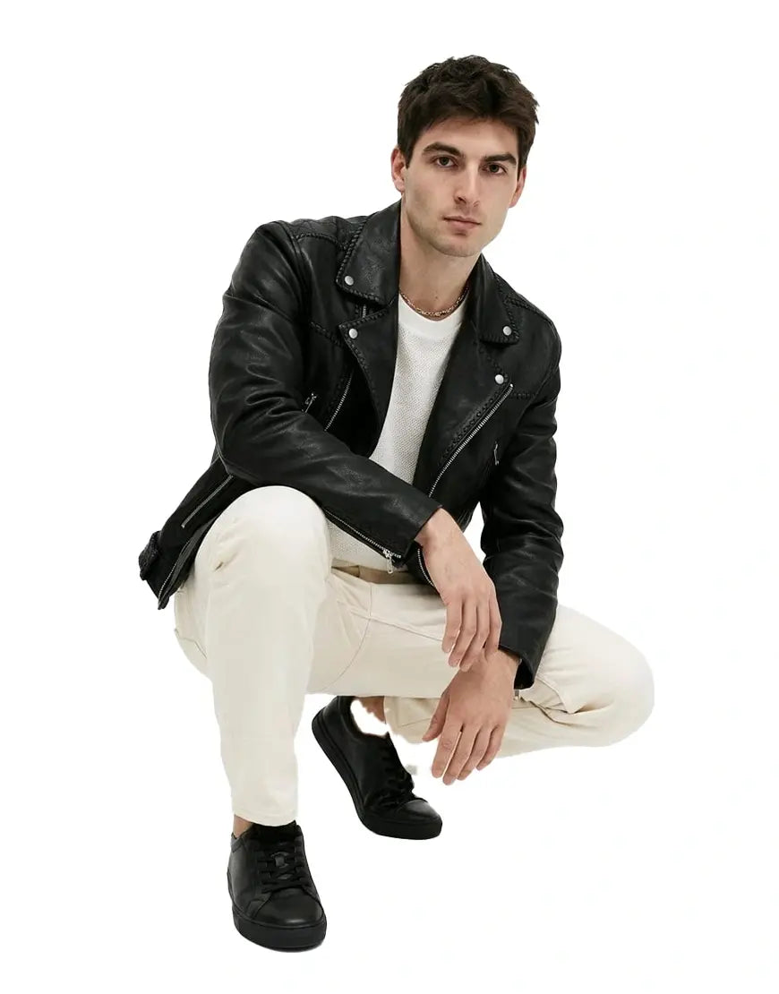 Warner Relaxed Fit Whipstitch Leather Biker Jacket
