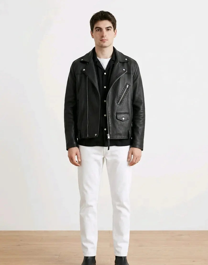 Warner Relaxed Fit Whipstitch Leather Biker Jacket