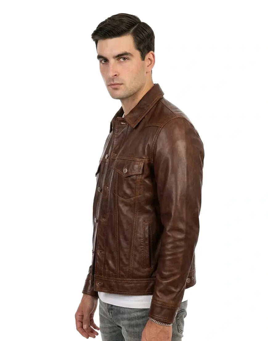 Men’s Brown Washed-Off Leather Trucker Jacket