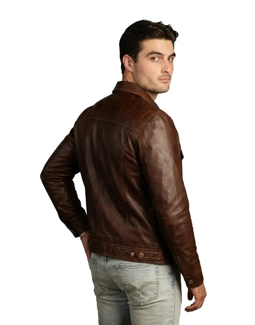 Men’s Brown Washed-Off Leather Trucker Jacket