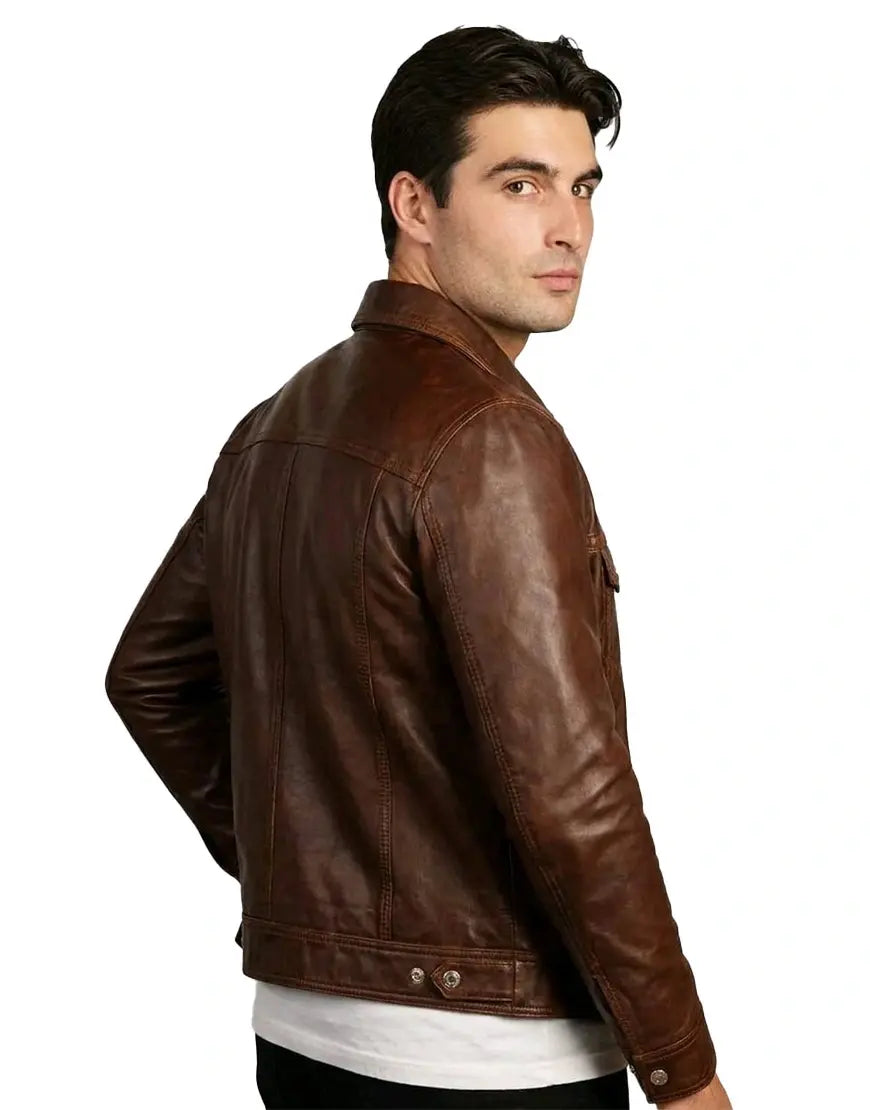 Men’s Brown Washed-Off Leather Trucker Jacket