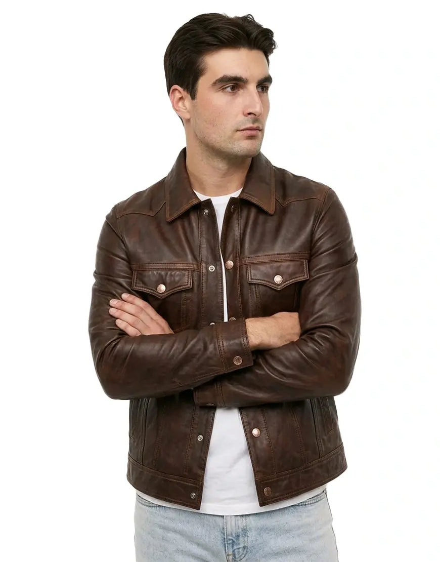 Men’s Brown Washed-Off Leather Trucker Jacket