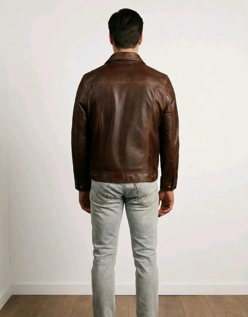 Men’s Brown Washed-Off Leather Trucker Jacket