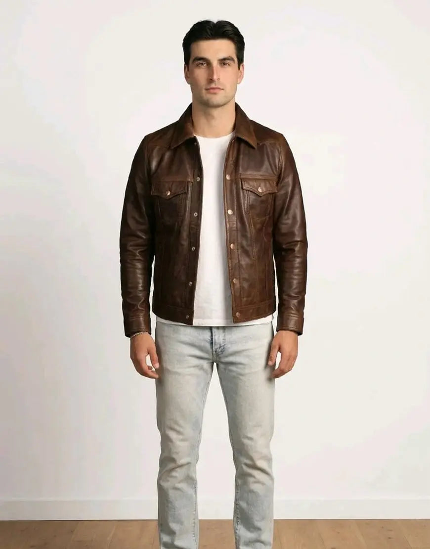 Men’s Brown Washed-Off Leather Trucker Jacket
