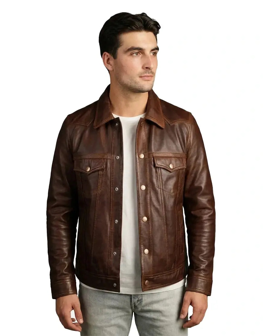 Men’s Brown Washed-Off Leather Trucker Jacket