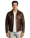 Men’s Brown Washed-Off Leather Trucker Jacket