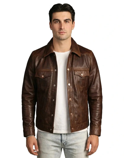 The Lumberjack Brown Washed-Off Leather Trucker Jacket
