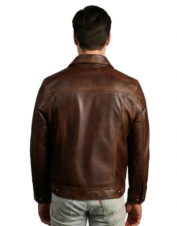 Men’s Brown Washed-Off Leather Trucker Jacket
