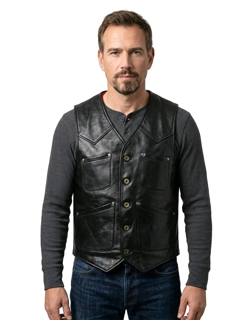 The Journeyman Cowhide Black Leather Vest