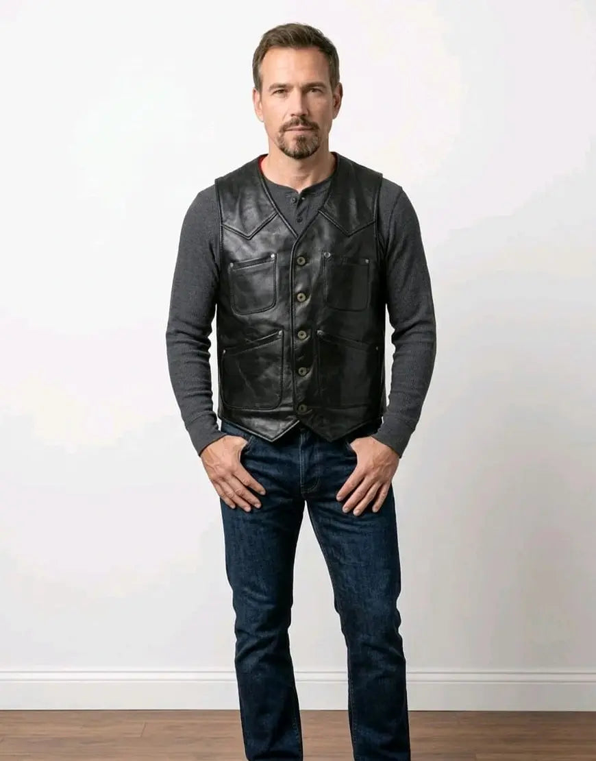 The Journeyman Cowhide Black Leather Vest