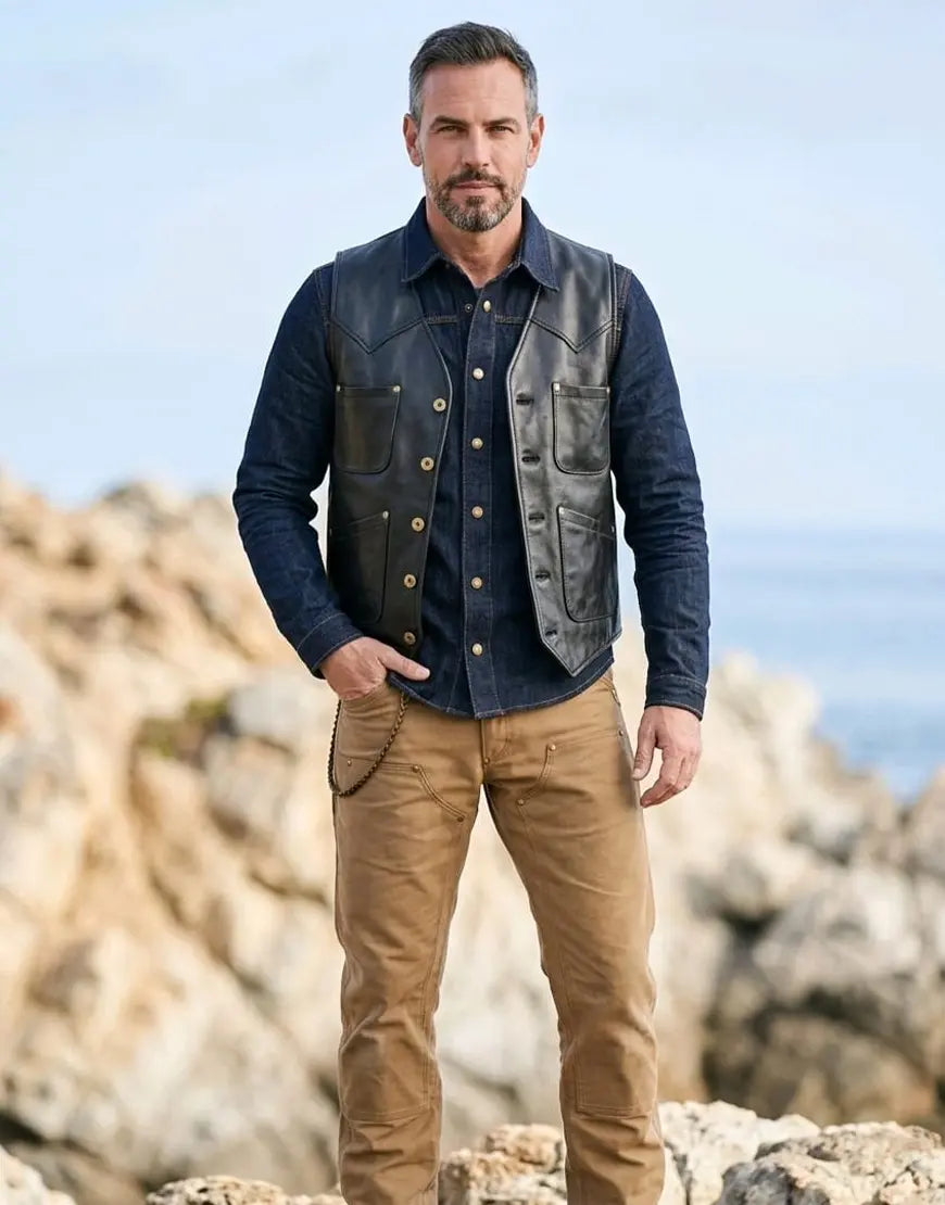 The Journeyman Cowhide Black Leather Vest