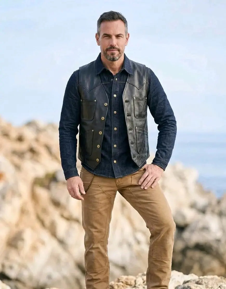 The Journeyman Cowhide Black Leather Vest