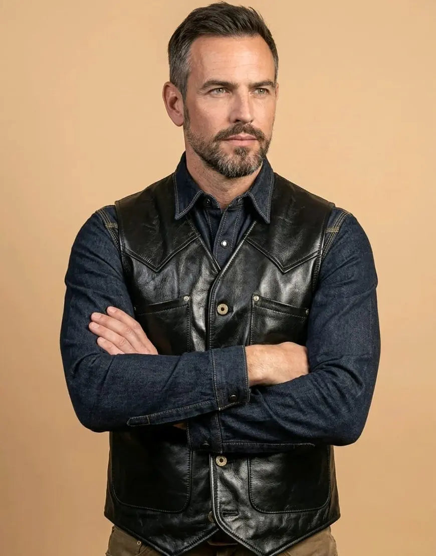 The Journeyman Cowhide Black Leather Vest