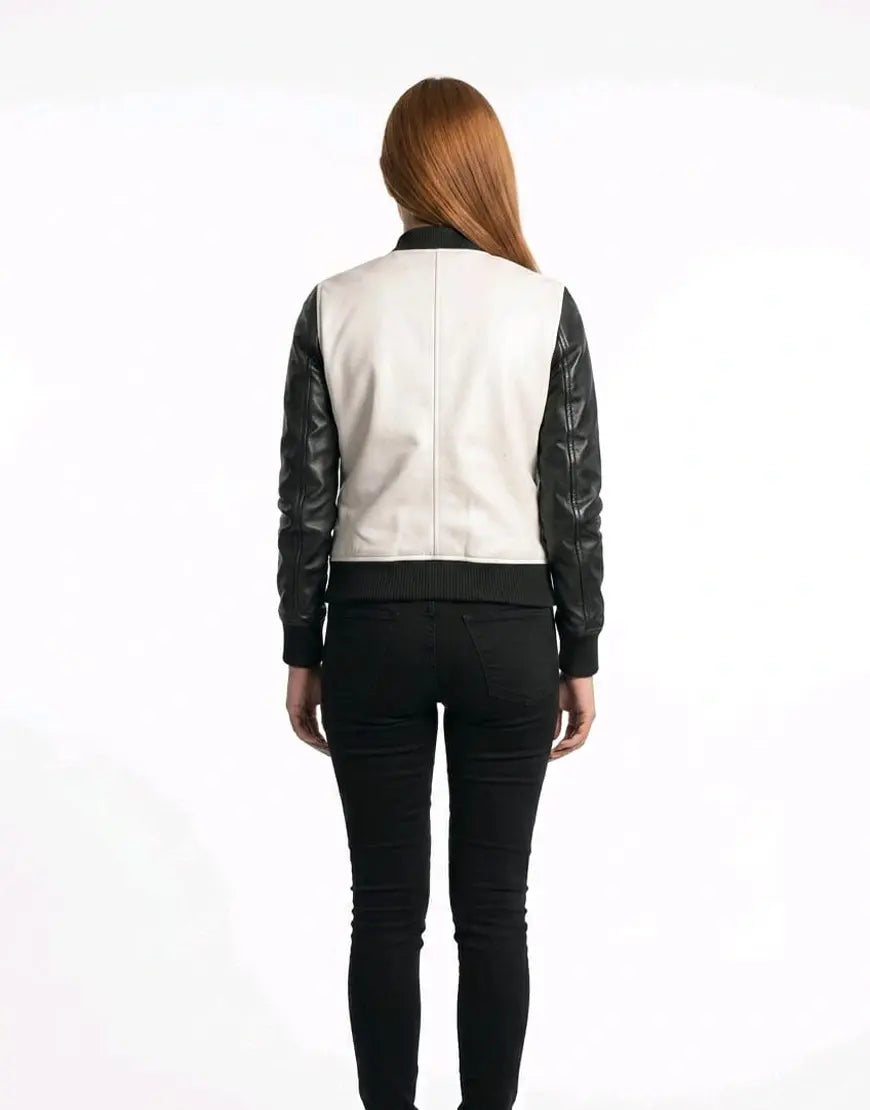 Women's White and Black Bomber Leather Jacket