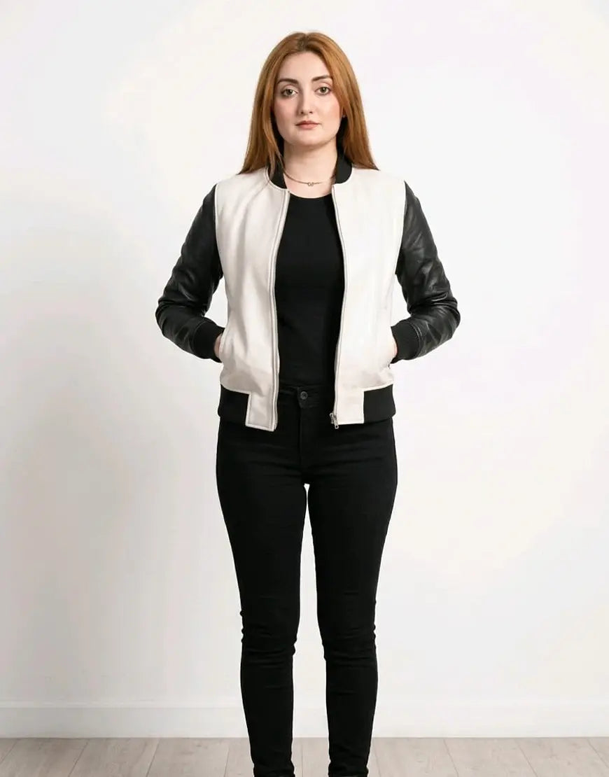 Women's White and Black Bomber Leather Jacket