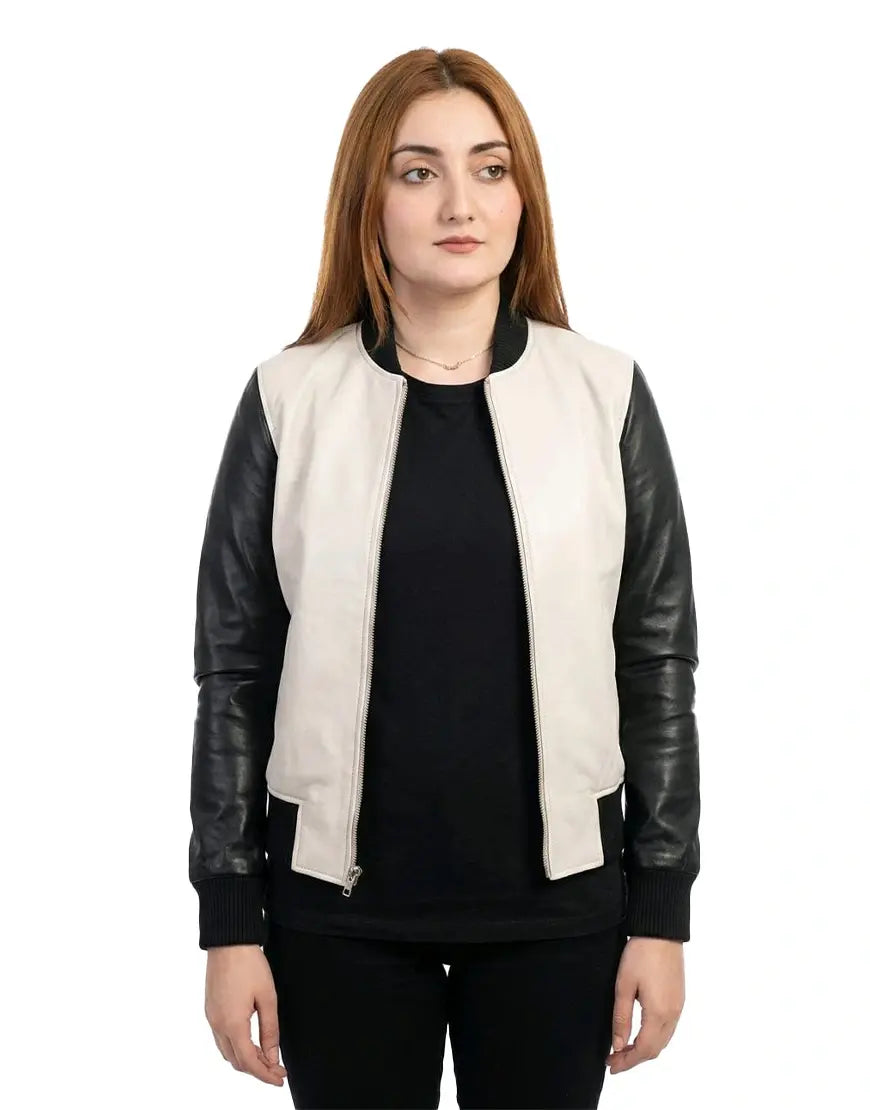 Women's White and Black Bomber Leather Jacket