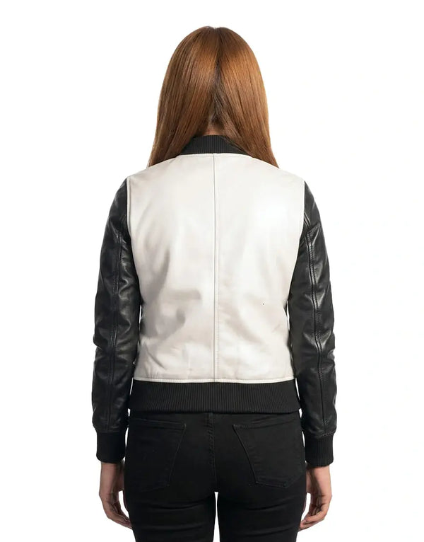 Women's White and Black Bomber Leather Jacket