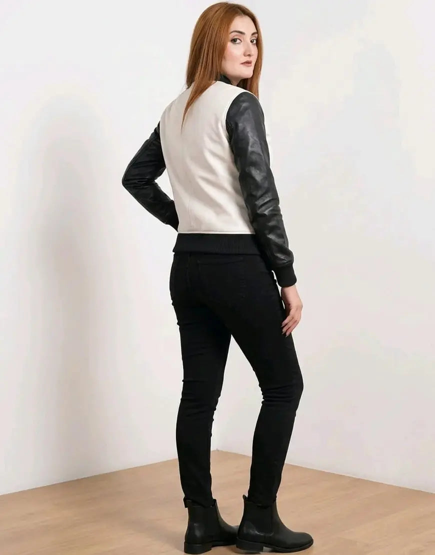 Women's White and Black Bomber Leather Jacket