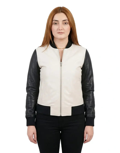 Women's White and Black Bomber Leather Jacket