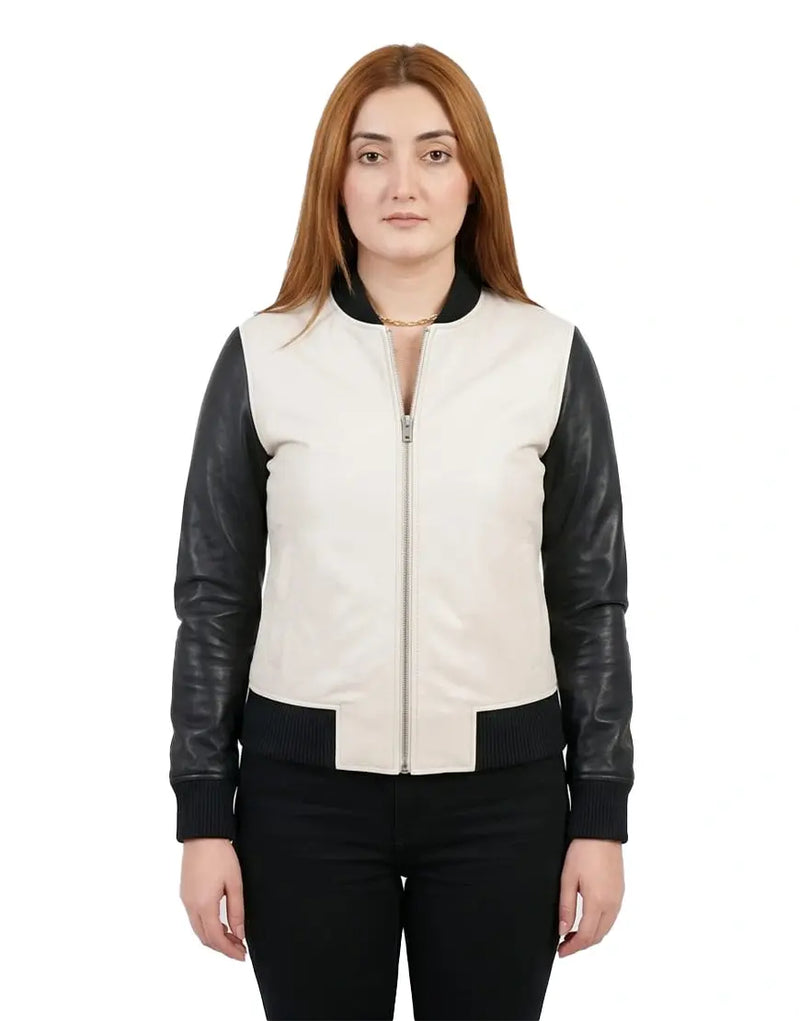 Women's White and Black Bomber Leather Jacket