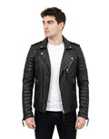 Men Moto Style Black Genuine Leather Jacket