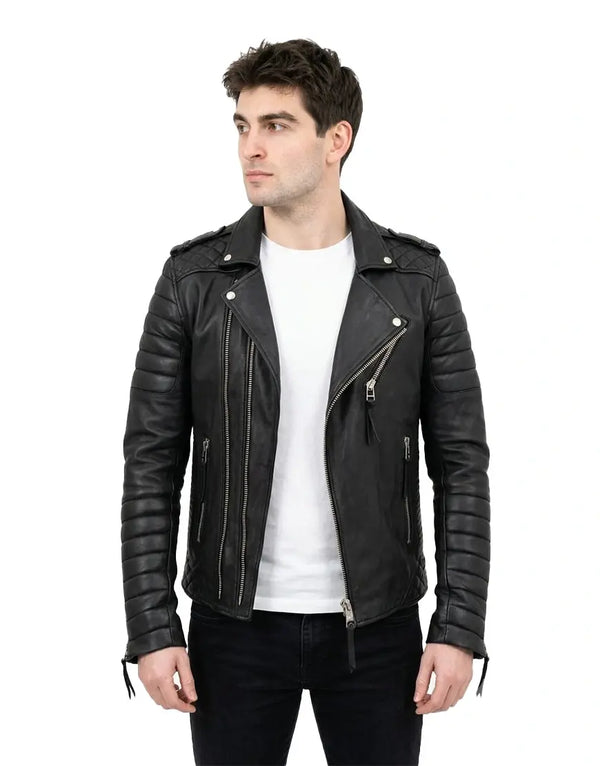 Men Moto Style Black Genuine Leather Jacket