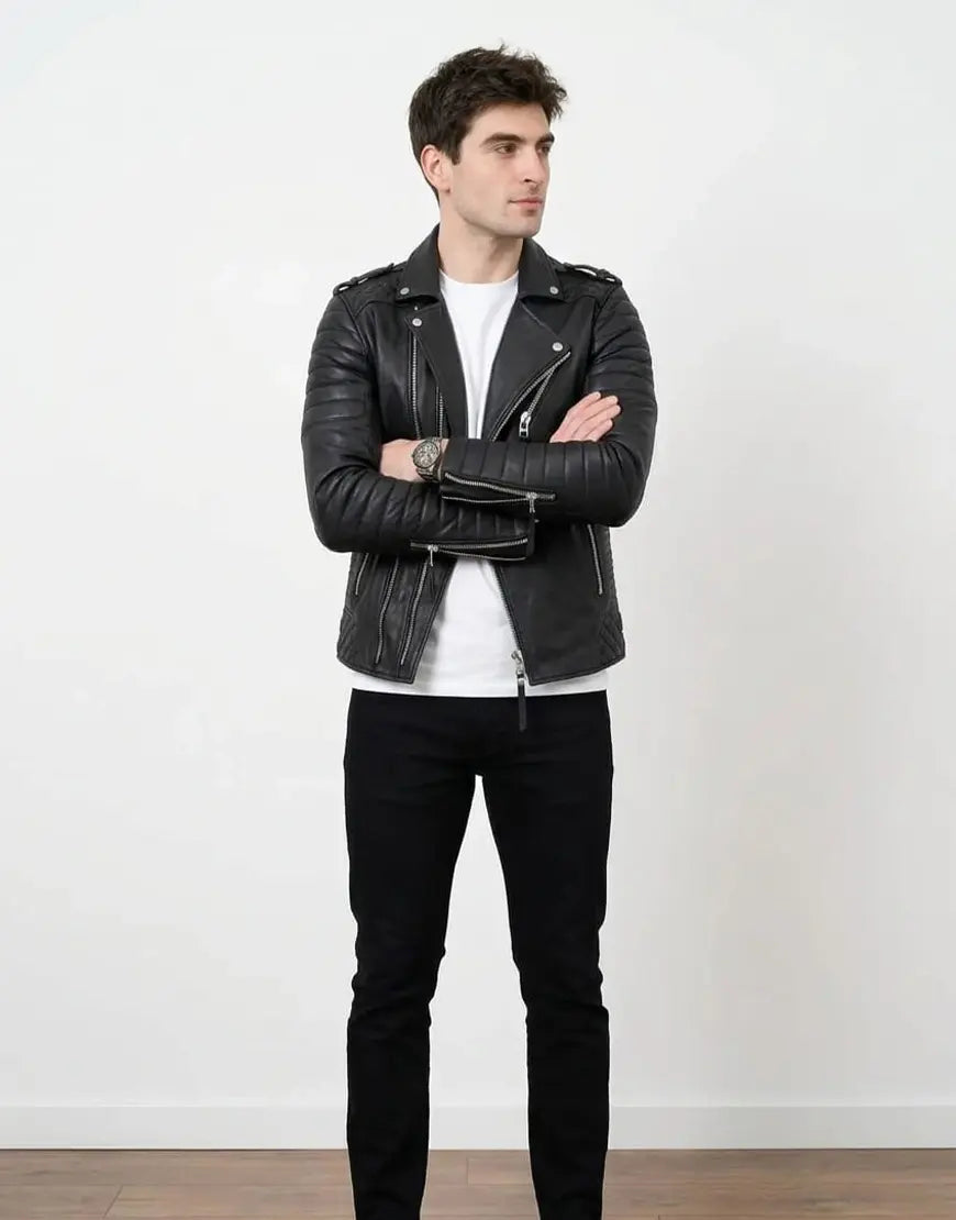Men Moto Style Black Genuine Leather Jacket