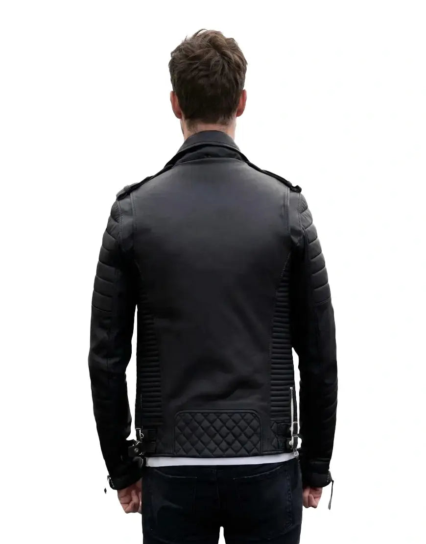 Men Moto Style Black Genuine Leather Jacket
