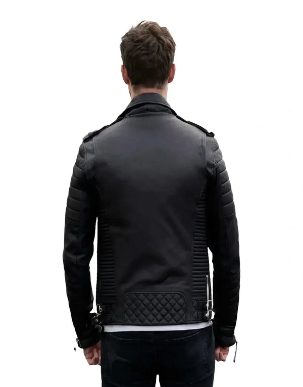 Men Moto Style Black Genuine Leather Jacket