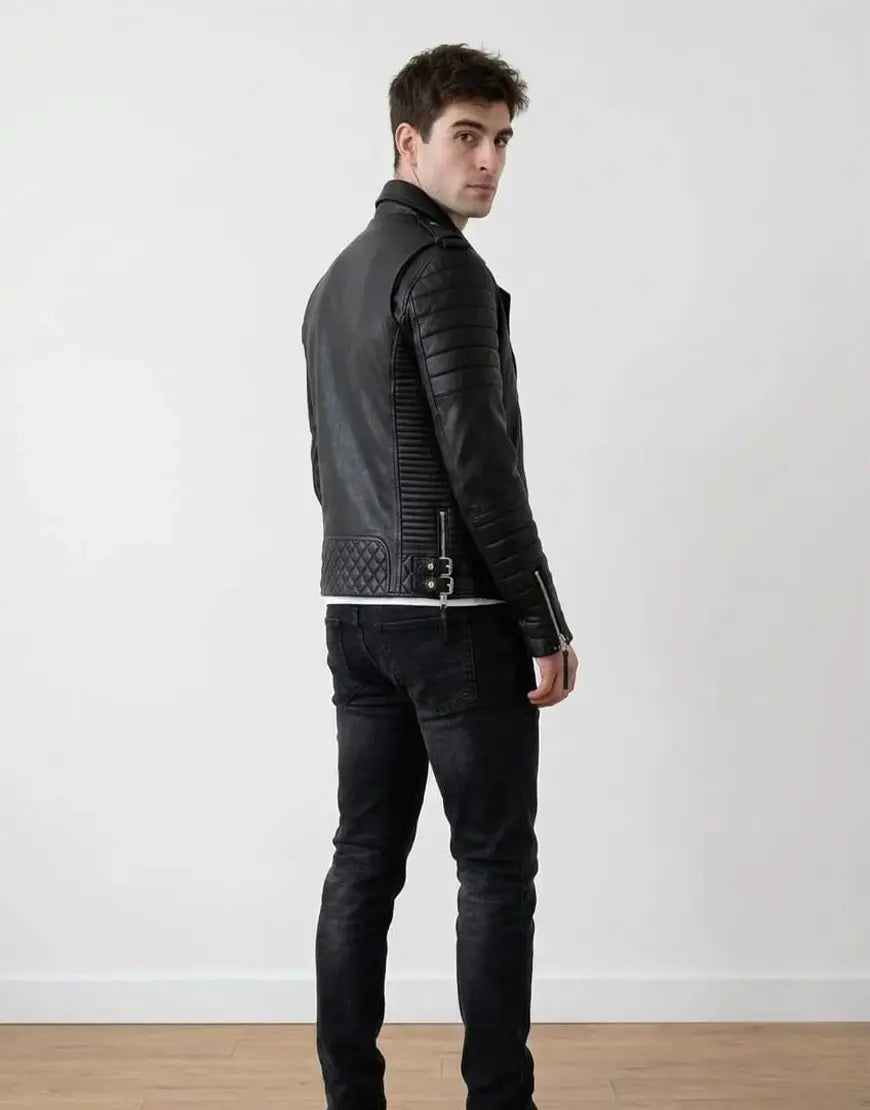 Men Moto Style Black Genuine Leather Jacket