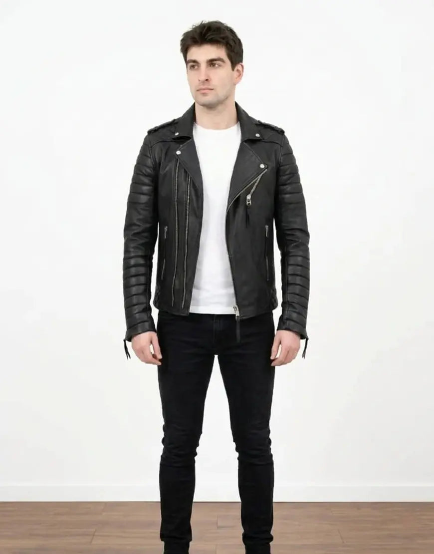 Men Moto Style Black Genuine Leather Jacket