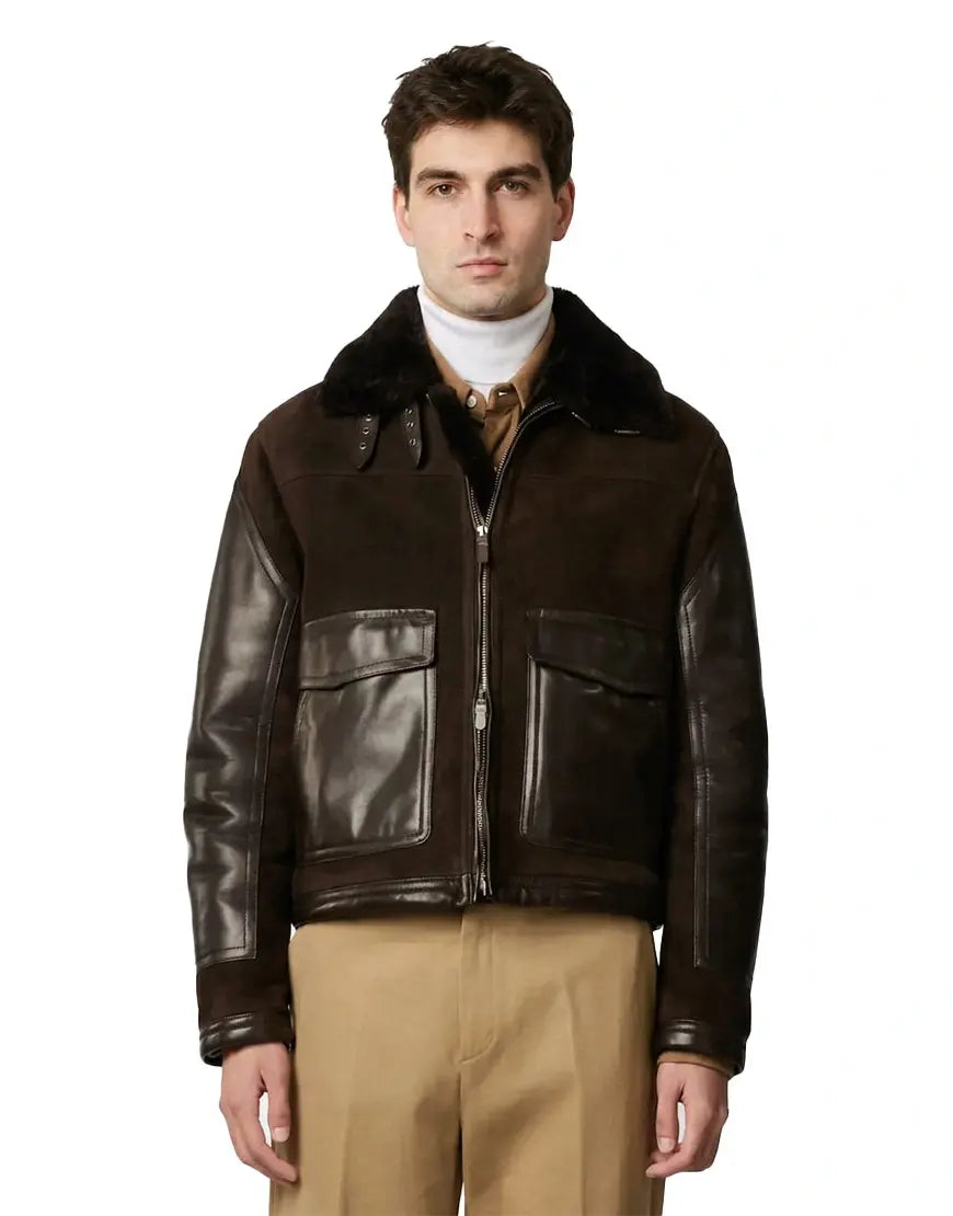 Men Brown Biker jacket in Sheepskin By Gloss Leather