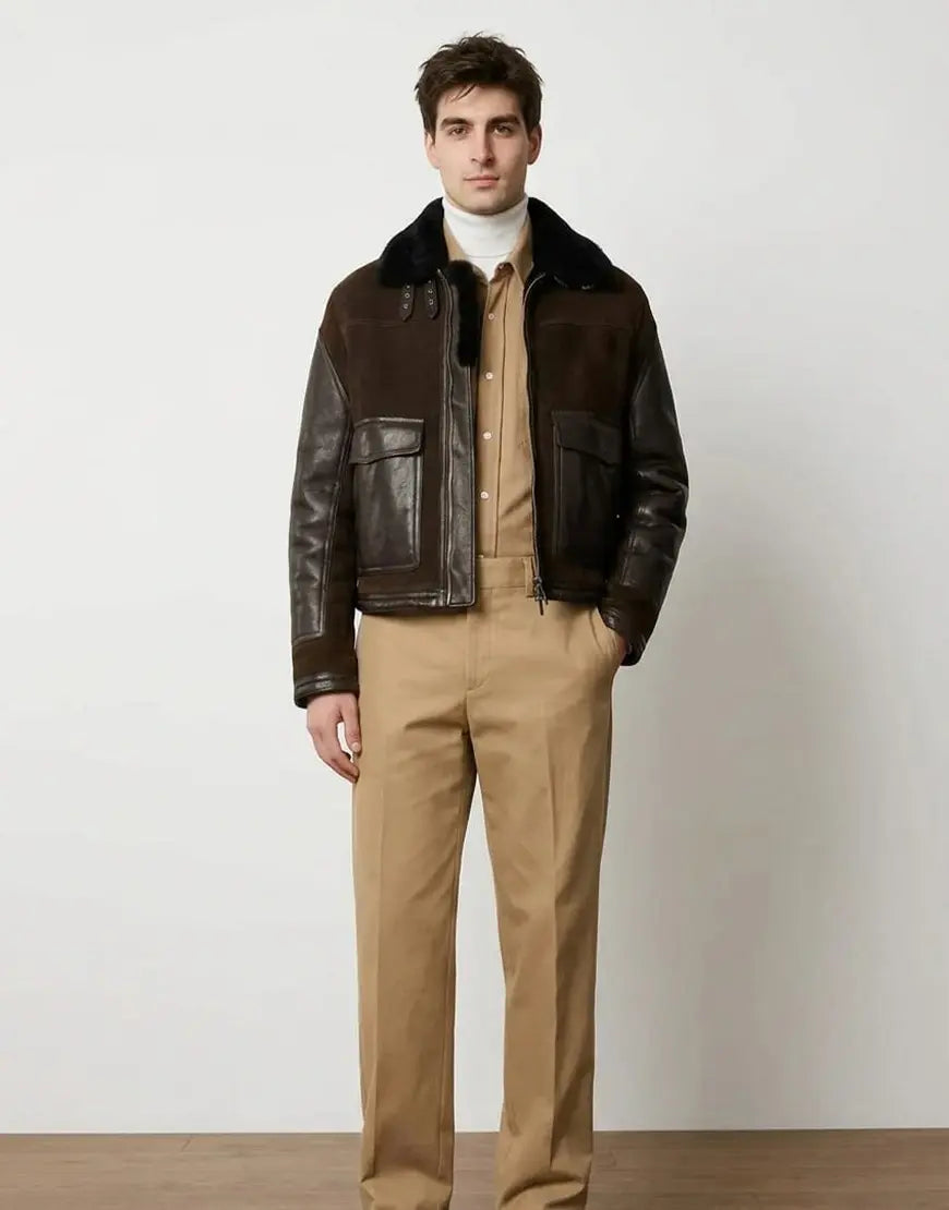 Men Brown Biker jacket in Sheepskin By Gloss Leather
