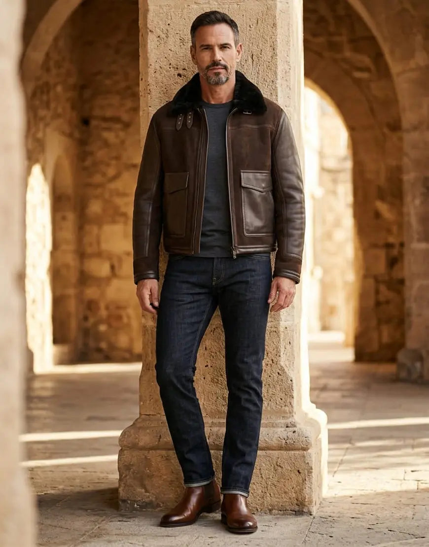 Men Brown Biker jacket in Sheepskin By Gloss Leather