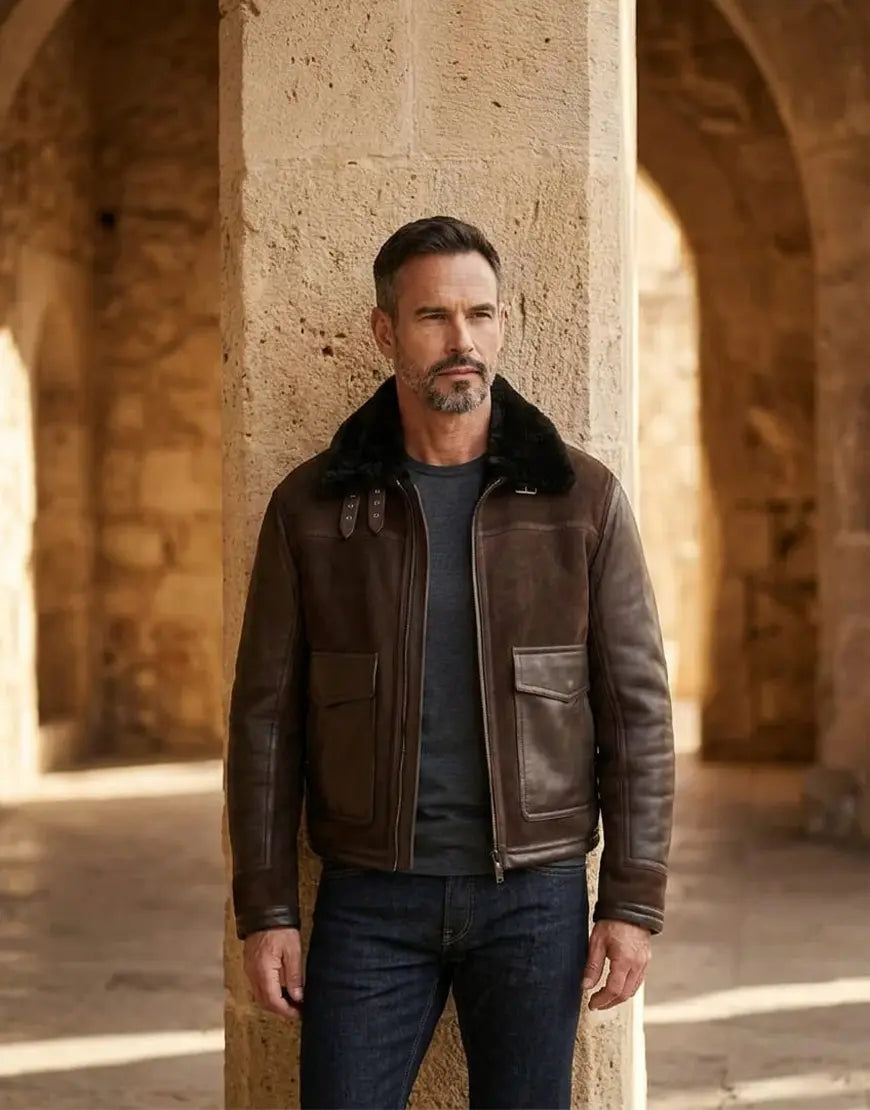 Men Brown Biker jacket in Sheepskin By Gloss Leather