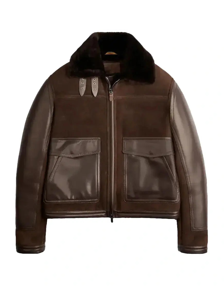 Men Brown Biker jacket in Sheepskin By Gloss Leather