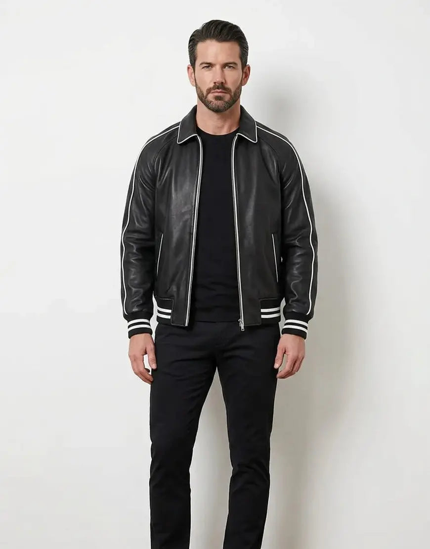 Cooper Black Leather Varsity Jacket by Gloss Leather