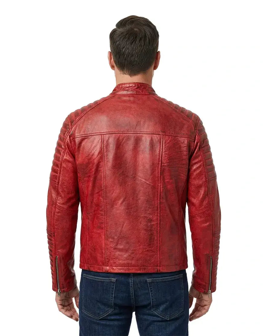 Quilted Cafe Racer Red Distressed Moto Leather Jacket