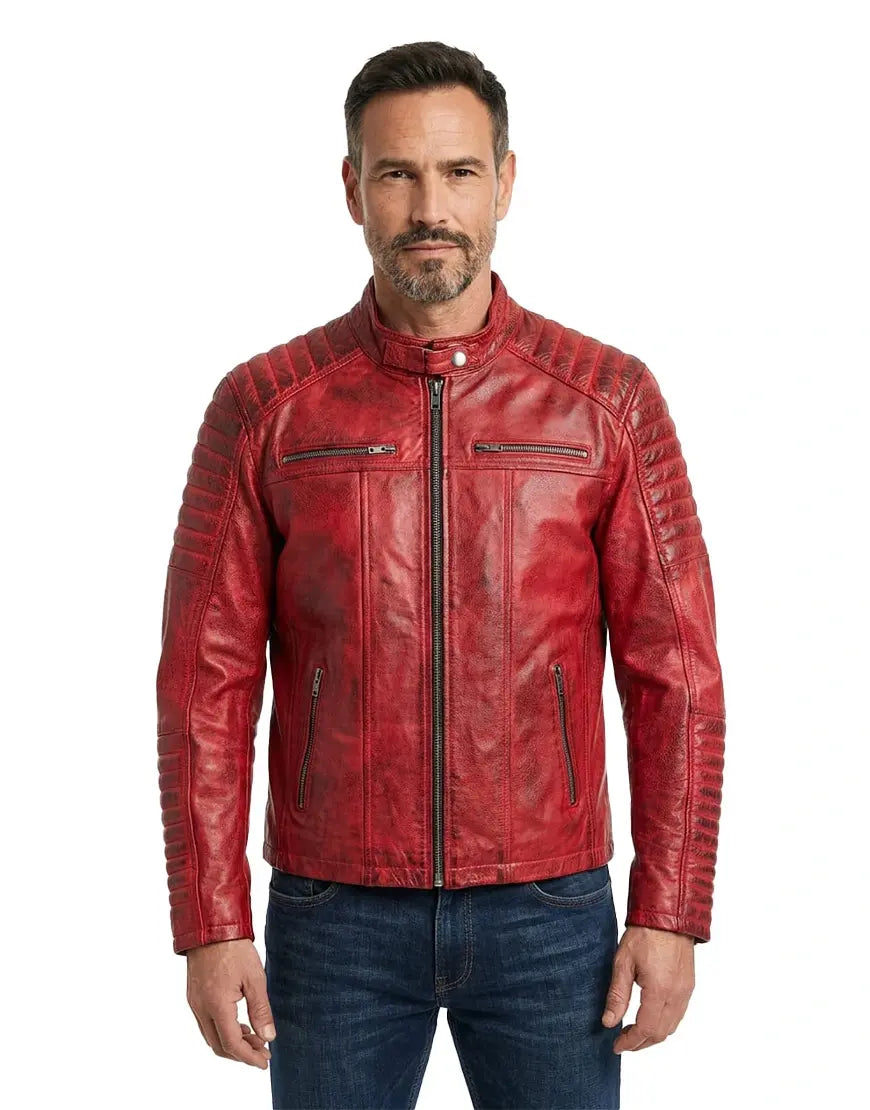 Quilted Cafe Racer Red Distressed Moto Leather Jacket