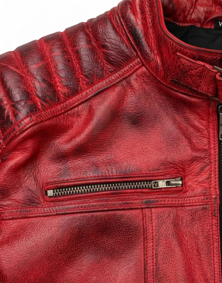 Quilted Cafe Racer Red Distressed Moto Leather Jacket